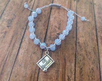 Light Blue and Grey Number One Teacher Charm Bracelet, Teacher Appreciation Week Gift, Gift For Teachers, Adjustable Macrame Bracelet