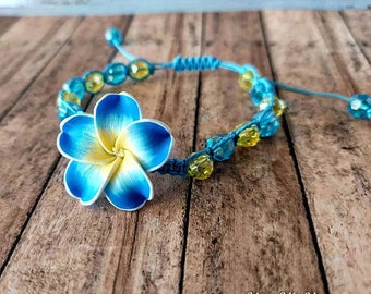 Blue and Yellow Hawaiian Plumeria Flower Bracelet Gift For Birthday or Anniversary, Polymer Clay Jewelry, Beach Bracelet For Her