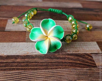 Green and Yellow Hawaiian Plumeria Flower Bracelet Gift For Her, Summer Jewelry, Beach Bracelet, Anniversary Gift, Birthday Gift