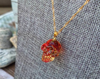 Red and Gold Spotty Glass Skull Pendant, Crystal Skull Necklace For Her or Him, Anniversary Gift, Birthday Gift