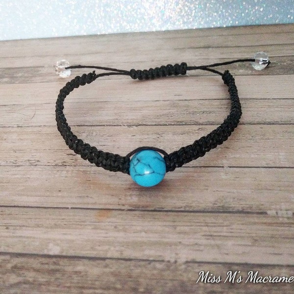 Simple Turquoise Macrame Bracelet For Him Or Her, Dainty Hemp Macrame Semi Precious Stone Jewelry
