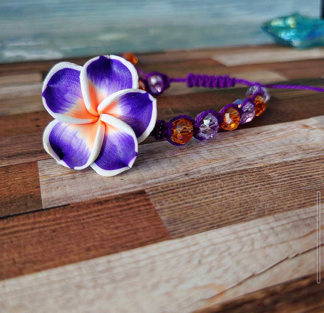 Purple and Orange Hawaiian Plumeria Flower Bracelet for Her, Macrame