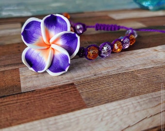 Purple and Orange Hawaiian Plumeria Flower Bracelet for Her, Macrame Bracelet, Summer Jewelry, Beach Bracelet, Anniversary Gift