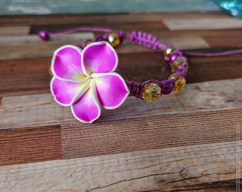 Twilight Lavender Purple and Yellow Hawaiian Plumeria Flower Bracelet for Her, Macrame Bracelet Gift For Her, Summer Jewelry, Beach Bracelet