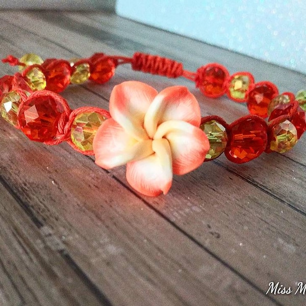 Hawaiian Orange and Yellow Plumeria Flower Bracelet Gift For Birthday or Anniversary, Polymer Clay Jewelry, Beach Bracelet For Her