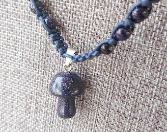 Blue Gold Stone Mushroom Pendant Necklace, Blue Gold Stone Beaded Jewelry, Gift For Her, Valentines Day Jewelry Gift, Mushroom Jewelry