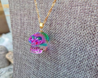 Multicolored Glass Skull Pendant Necklace, Rainbow Crystal Skull Necklace, Gift For Her, Anniversary Birthday Just Because Gifts