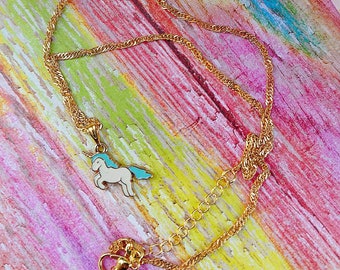 Dainty Whimsical Gold Plated Enameled Blue Unicorn Necklace For Children or Adults, Birthday or Any Occasion Gift