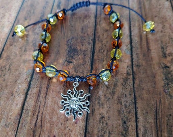 Trippy Sun Charm Bracelet For Her or Him, Yellow and Orange Beaded Macrame Bracelet, Hippie Bracelet, Stoner Jewelry