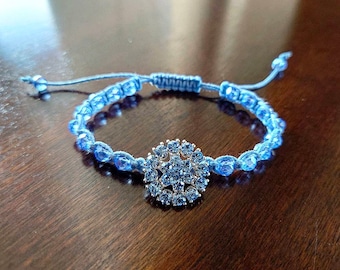 Light Blue Crystal and Glass Beaded Macrame Bracelet, Dazzling Button Bracelet, Blue Beaded Jewelry Gift For Birthday and Valentine's Day