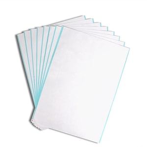 May include: A stack of white paper sheets with light blue edges. The paper is fanned out, revealing the blue color along the sides. The paper is clean and crisp, with a bright white surface.