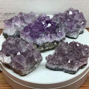 May include: Four distinct clusters of raw amethyst crystals featuring deep purple, translucent points and jagged, rocky bases. The clusters vary in size and shape, displaying natural crystalline formations with sharp, multifaceted edges and a rich, vibrant violet color palette.