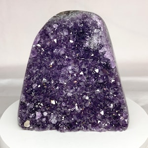 May include: A deep purple amethyst geode specimen with a polished outer edge and a jagged, crystalline interior. The cluster features numerous small, pointed quartz points in varying shades of violet, reflecting light across the textured surface.