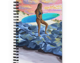 Surfer Girl with Longboard - Surfboard Journal | Spiral Notebook | Dotted Grid or Lined Pages