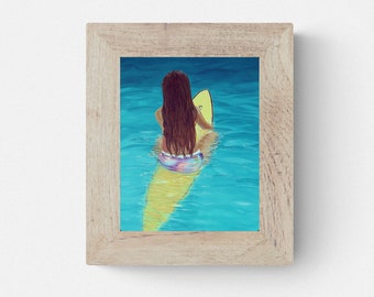 Surfer Girl Sitting on Surfboard - Art Print - Gift for her, beach cottage decor, tropical wall art, beach art, coastal decor