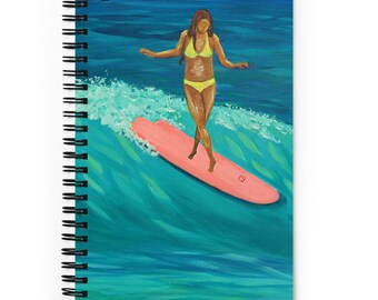 Surfer Girl on Longboard - Surfboard Spiral Notebook | Journal | Dotted Grid or Lined