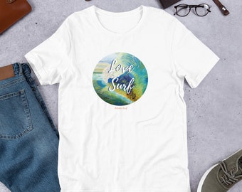 Love Surf - Crashing Wave, Surfing Summer Tee, Ocean Tshirt, breaking wave shirt, positive shirt, gift for surfer teen good vibes, art gift
