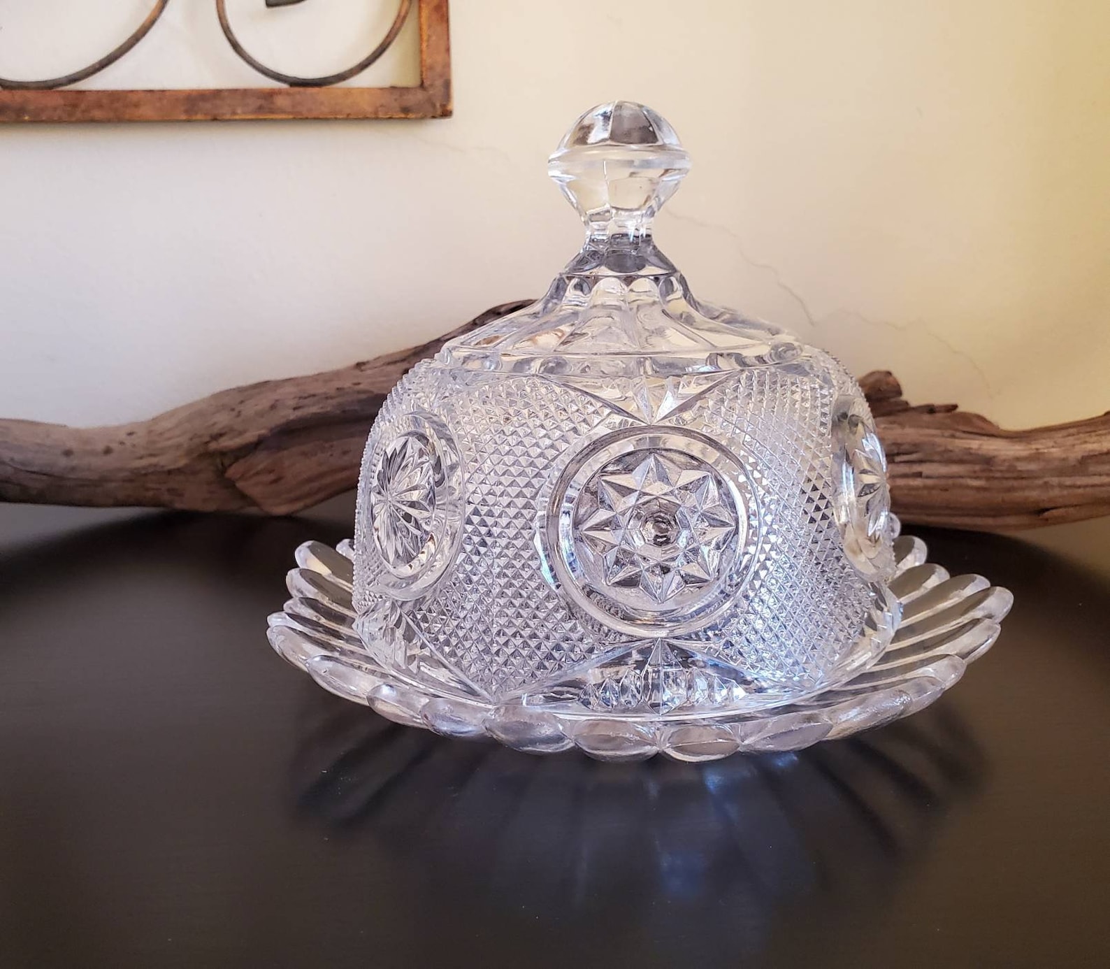 Antique Pressed Glass Butter Dish With Dome Lid Star Designs Etsy