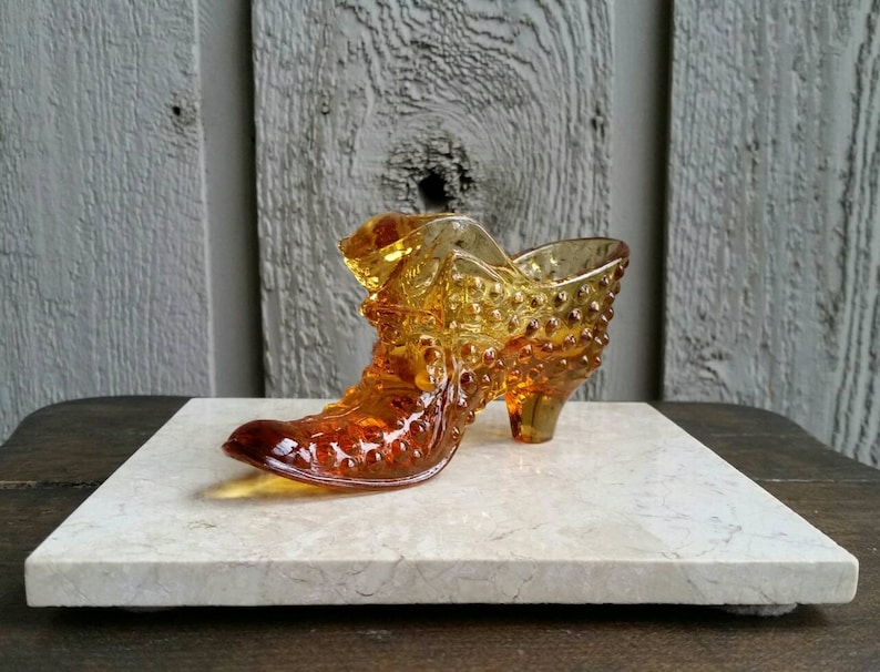 Vintage Fenton Glass Hobnail Slipper, Amber Yellow Glass Shoe With Cat