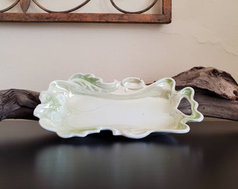 Vintage Porcelain Trinket Dish, Jewelry Dish, Green and White Leaf Design