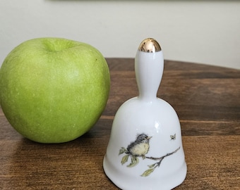 Vintage Enesco Porcelain Hand Bell with Baby Bird by Artist Mary Mugg