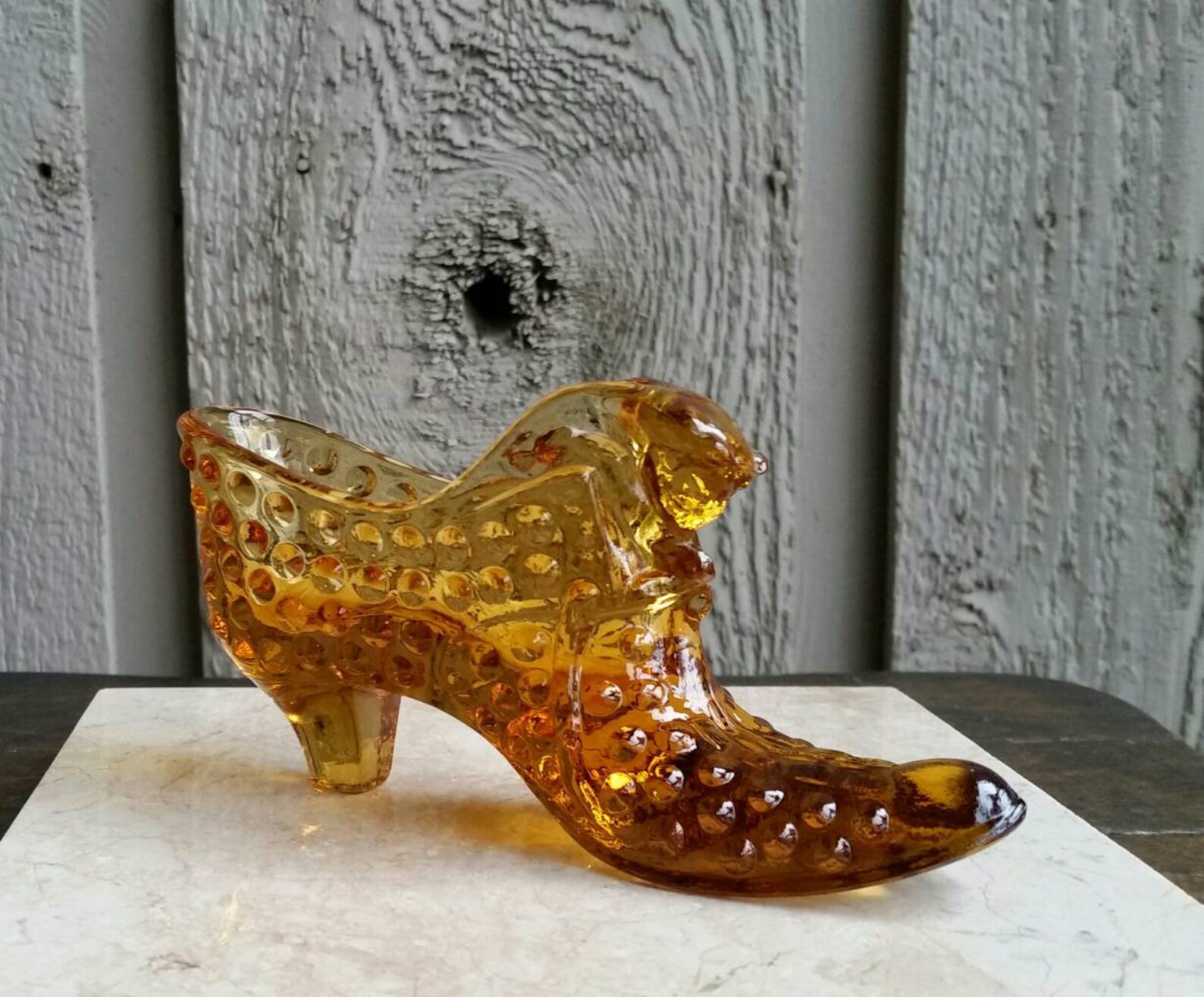 Vintage Fenton Glass Hobnail Slipper, Amber Yellow Glass Shoe With Cat