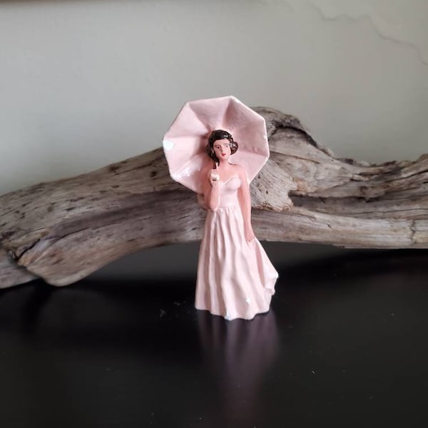 Vintage Marblelike Novelty Co. Chalkware Figurine, Mini Bridesmaid Figure Pink Dress, 1940's