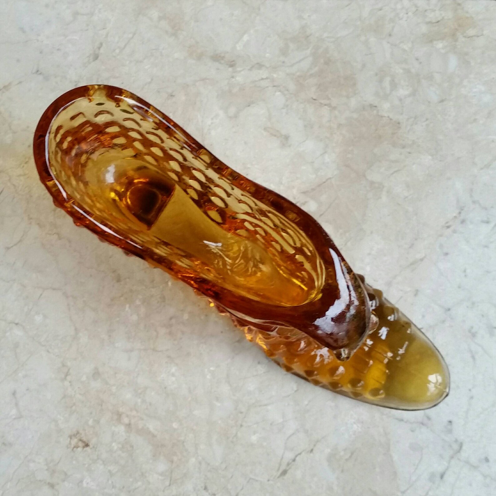 Vintage Fenton Glass Hobnail Slipper, Amber Yellow Glass Shoe With Cat