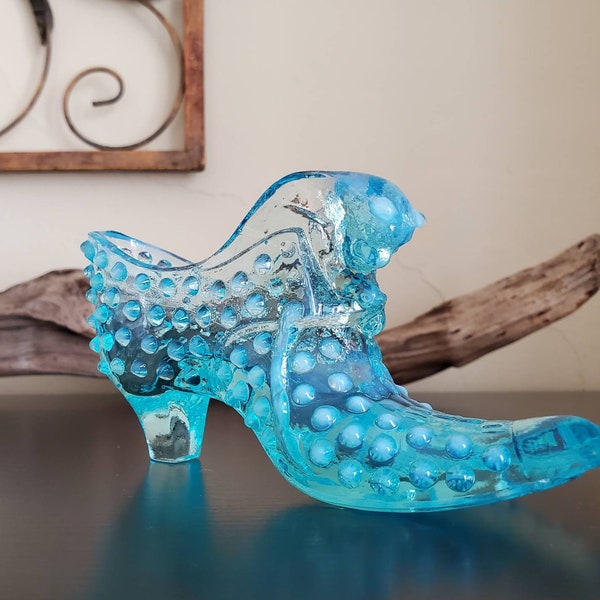 Vintage Fenton Glass Hobnail Slipper, Turquoise Glass Shoe with Cat Head