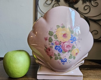 Vintage Princeton China Clamshell Vase With Multicolor Floral Decor and Gold Trim