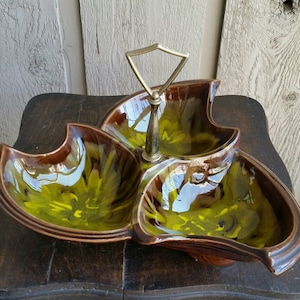 Vintage California Pottery Relish Dish, Retro Dish, Green Brown Pottery, 843 USA