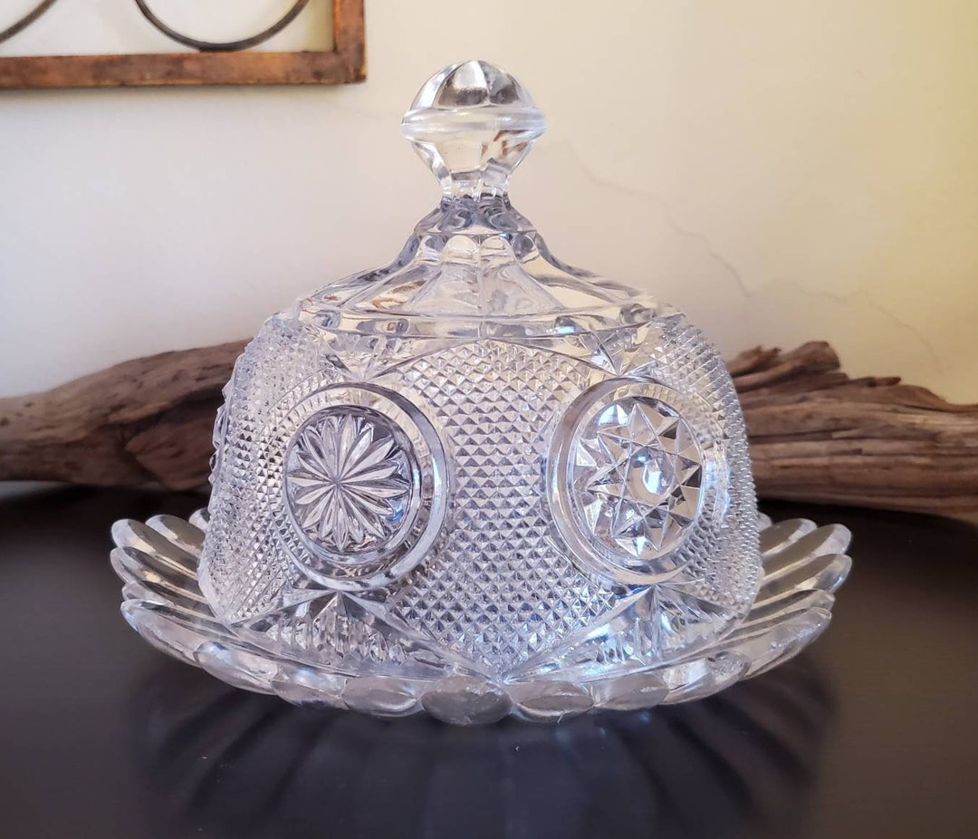 Antique Pressed Glass Butter Dish With Dome Lid Star Designs Etsy