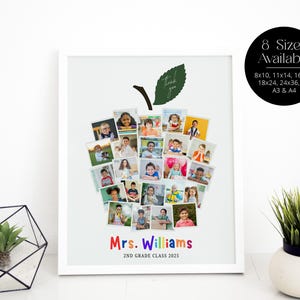 May include: A framed print featuring a collage of children's photos arranged in the shape of an apple. The apple has a green leaf and stem. Text at the bottom reads "Mrs. Williams 2nd Grade Class 2025". A black circle indicates "8 Sizes Available".