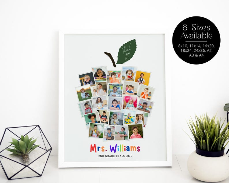May include: A framed print featuring a collage of children's photos arranged in the shape of an apple. The apple has a green leaf and stem. Text at the bottom reads "Mrs. Williams 2nd Grade Class 2025". A black circle indicates "8 Sizes Available".