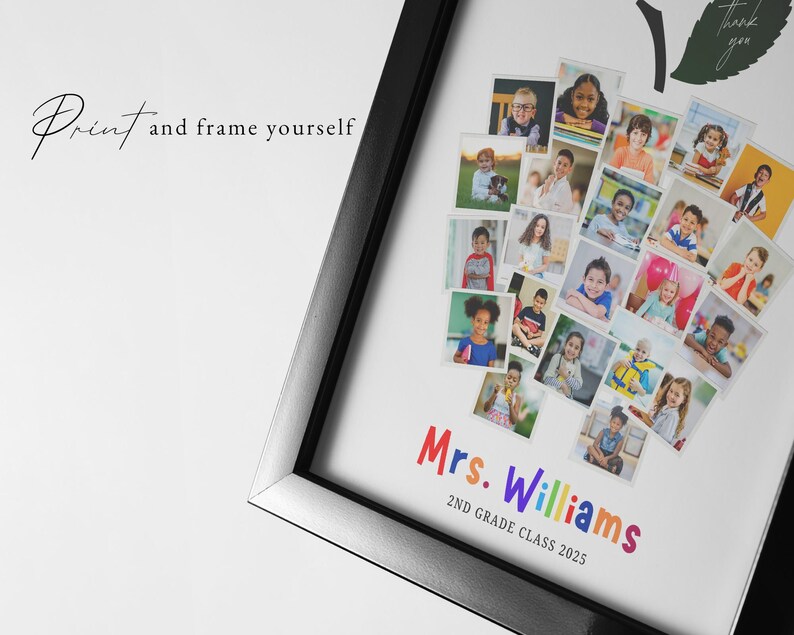 May include: A framed print featuring a collage of children's photos arranged in an apple shape. The print includes the text "Mrs. Williams 2nd Grade Class 2025" in colorful letters, and the words "Print and frame yourself".
