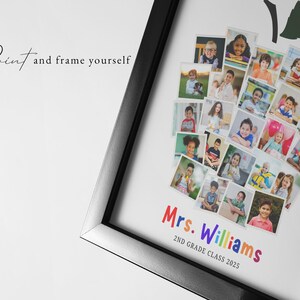 May include: Framed print featuring a collage of children's photos arranged in an apple shape. The print includes the text "Mrs. Williams 2nd Grade Class 2025" in colorful letters. The words "Print and frame yourself" are also visible.