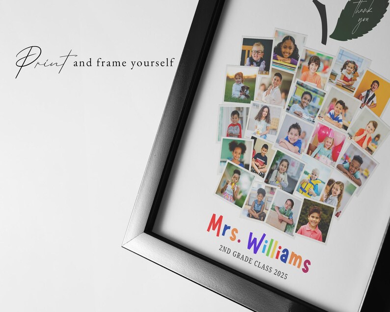 May include: Framed print featuring a collage of children's photos arranged in an apple shape. The print includes the text "Mrs. Williams 2nd Grade Class 2025" in colorful letters. The words "Print and frame yourself" are also visible.