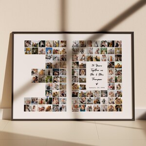 Op de afbeelding: Een ingelijste fotocollage met veel kleine foto's die het getal 38 vormen. De tekst luidt "38 jaar Samen als Mr & Mrs Thompson" en de datum "20 januari 1986".