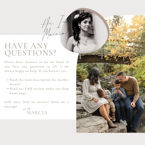 May include: A family portrait with a woman and three children, with a bridge and trees in the background. The image includes text that says "Hi, I'm Marcia!" and "Have any questions?" with contact information.