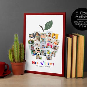 May include: A framed apple-shaped photo collage with a red border, featuring student photos. The text "Mrs. Williams 2ND GRADE CLASS 2025" is displayed below the photos. A cactus and a red mug are in the foreground.