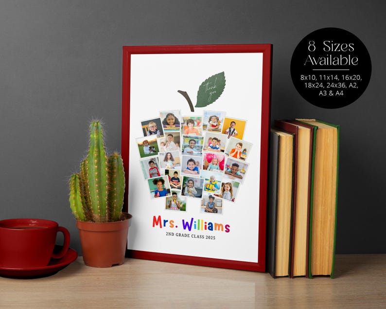 May include: A framed apple-shaped photo collage with a red border, featuring student photos. The text "Mrs. Williams 2ND GRADE CLASS 2025" is displayed below the photos. A cactus and a red mug are in the foreground.
