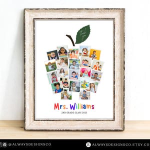 May include: Framed print featuring a collage of children's photos arranged in the shape of an apple. The apple has a green leaf and stem. Text at the bottom reads "Mrs. Williams 2nd Grade Class 2025" in colorful letters. The frame is a light brown color.
