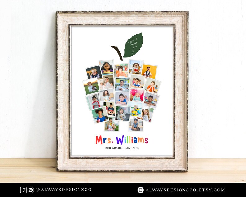 May include: Framed print featuring a collage of children's photos arranged in the shape of an apple. The apple has a green leaf and stem. Text at the bottom reads "Mrs. Williams 2nd Grade Class 2025" in colorful letters. The frame is a light brown color.