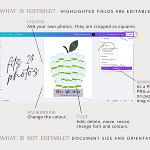 May include: A digital design template featuring an apple shape composed of 24 photo placeholders. The design includes text that reads "Mrs. Williams 3rd Grade Class 2023". The template is editable, allowing users to add photos, change colors, and download as PDF or PNG.