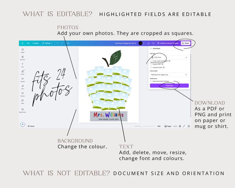 May include: A digital design template featuring an apple shape composed of 24 photo placeholders. The design includes text that reads "Mrs. Williams 3rd Grade Class 2023". The template is editable, allowing users to add photos, change colors, and download as PDF or PNG.