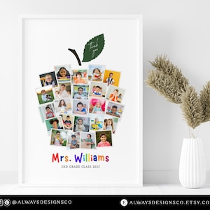May include: A framed print featuring a collage of children's photos arranged in the shape of an apple. The apple has a green leaf with the words "thank you." Below the apple is the text "Mrs. Williams 2nd Grade Class 2025."