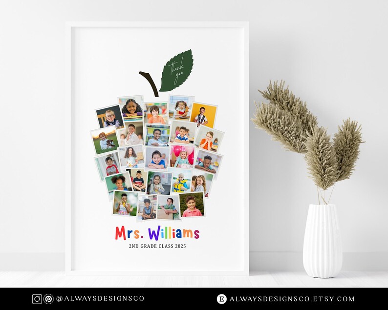 May include: A framed print featuring a collage of children's photos arranged in the shape of an apple. The apple has a green leaf with the words "thank you." Below the apple is the text "Mrs. Williams 2nd Grade Class 2025."