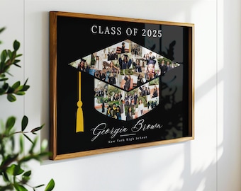 Graduation Cap Photo Collage Canva Template, Personalized Class of 2025 Welcome Sign, Grad Party Poster, Custom Printable Gift for Graduates
