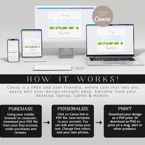 May include: A digital design template displayed on various devices, including a computer, tablet, and phone. The design says "I love my DADDY" with a landscape fill in the letters. Instructions on how to purchase, personalize, and print the design are also included.