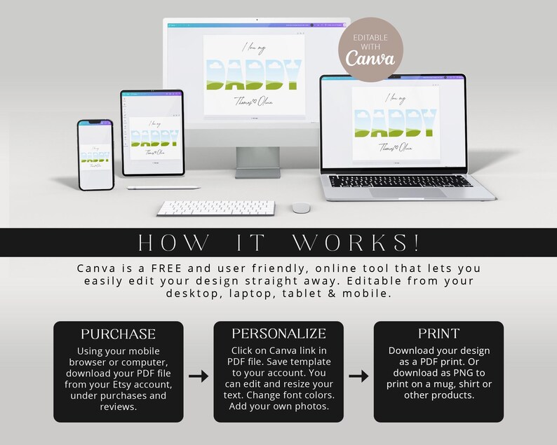 May include: A digital design template displayed on various devices, including a computer, tablet, and phone. The design says "I love my DADDY" with a landscape fill in the letters. Instructions on how to purchase, personalize, and print the design are also included.